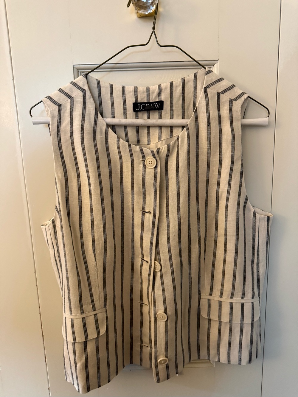 J. Crew Cream and Black Vertical Stripe Sleeveless Button Linen Vest
